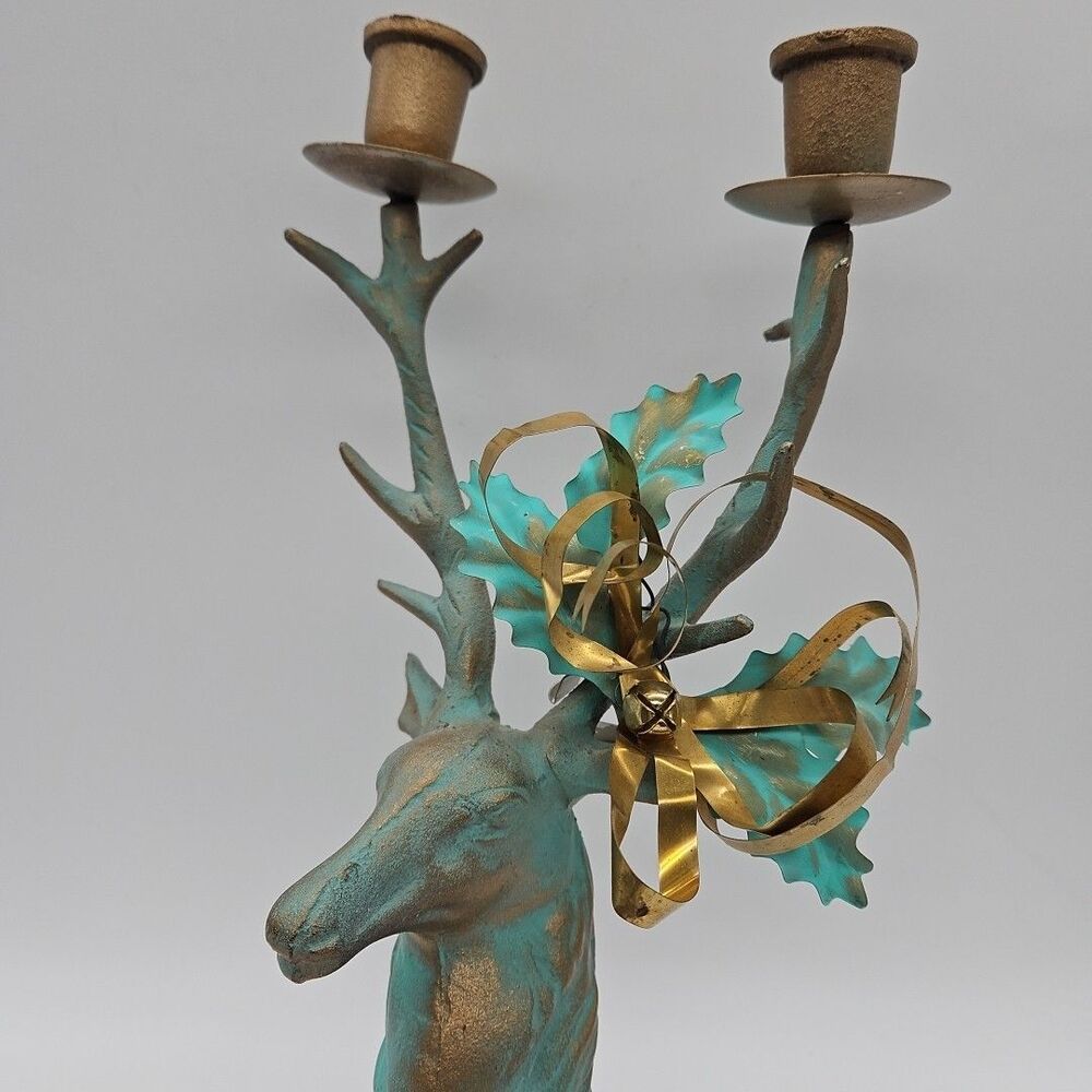 Vtg Dept 56 Cast Iron Deer Antler Bust Candlestick Holder 14"